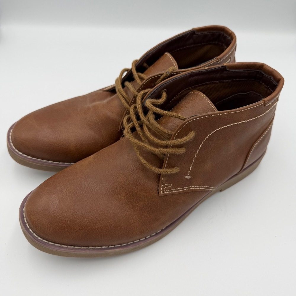 Attention Mens Brown Faux Leather Chukka Boots Size 7.5 Tan Lace Up Desert Shoes